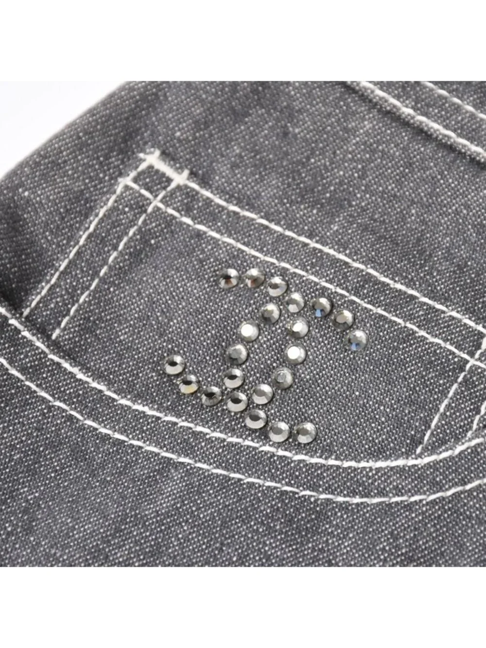 Chanel Flare Bell Denim Pants CC Logo Rhinestone Gray Bootcut White Stitch
